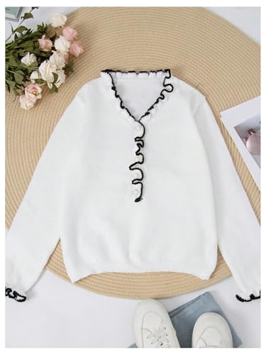 MakeMeChic Women's Pearl Beaded Long Sleeve Sweater V Neck Ruffle Trim Knitted Pullover Tops3