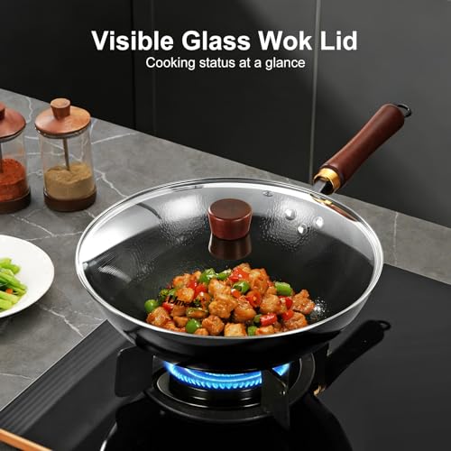 Image of Carbon Steel Wok Pan, 12.6-Inch Nonstick Pre-Seasoned Woks & Stir-Fry Pans with Glass Lid, No Chemical Coated Wok Round Bottom Hand Hammered Chinese Wok for Gas Stoves