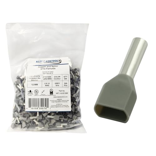 Kable Kontrol 500 Pcs UL Listed Dual Barrel Wire Ferrules Twin Connectors AWG 2 x 12/4 mm² Insulated Copper & Nylon Crimp Terminals Crimp Pin Electrical Cord End Terminal Wire Connector - Gray
