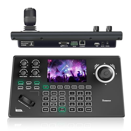 Tenveo Contrôleur de Caméra PTZ NDI, Écran LCD 5'', joystick 4D, Clavier de Contrôleur PTZ IP PoE pour Streaming d'Église Événements en Direct...