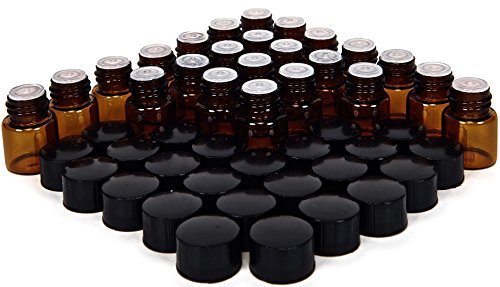 Vivaplex 24, Amber, 1 ml (1/4 Dram) Glass Bottles, with Orifice Reducers and Black Caps