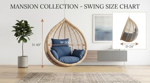 Image of UNIVERSAL FURNITURE Hanging Egg Swing Chair with Stand, Woven Wicker Rattan Style Swing with Cushion, Freestanding Indoor Outdoor Hanging Chair for Patio, Balcony, Garden & Porch (Beige & Blue)