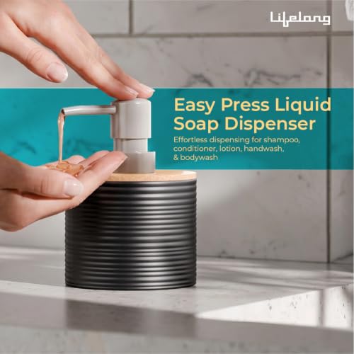 Image of Lifelong Bathroom Accessories Set of 6 with Bamboo Finish | Complete Bathroom Organizer Kit with Soap Dispenser, Toothbrush Holder, Tumbler, Soap Dish, Toilet Brush & Dustbin | Black