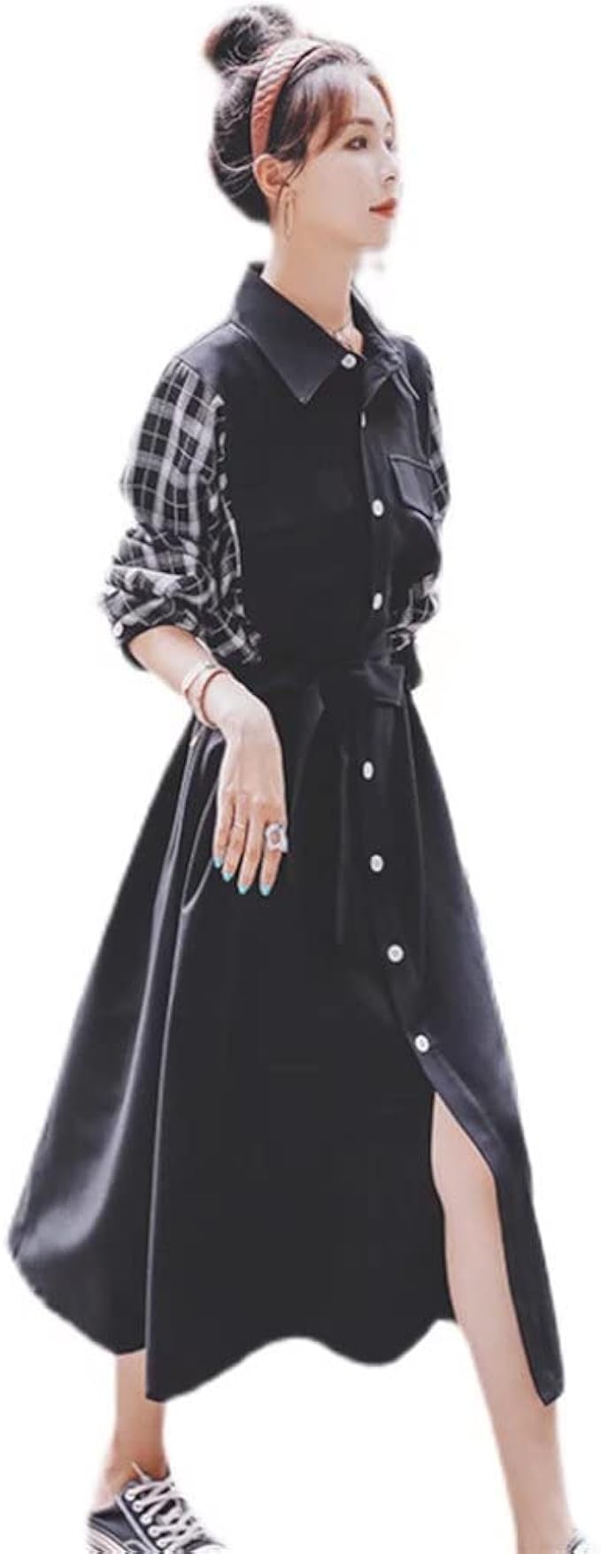 Amazon Co Jp Exsaupy シャツワンピース レディース 秋冬 長袖 ミモレ丈 ワンピース チェック柄 配色 ロングワンピース マキシ丈 チュニック シャツ フレア Aライン シャツドレス 体型カバー 着痩せ マキシワンピース 韓国風 お洒落 デート きれいめ 服 ファッション小物
