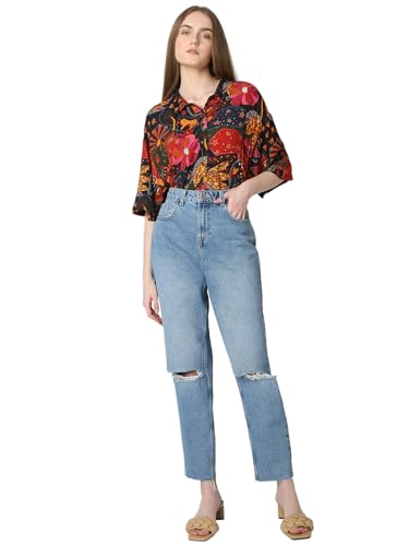Image of VERO Moda Women's Mom Fit High Rise Distressed Jeans