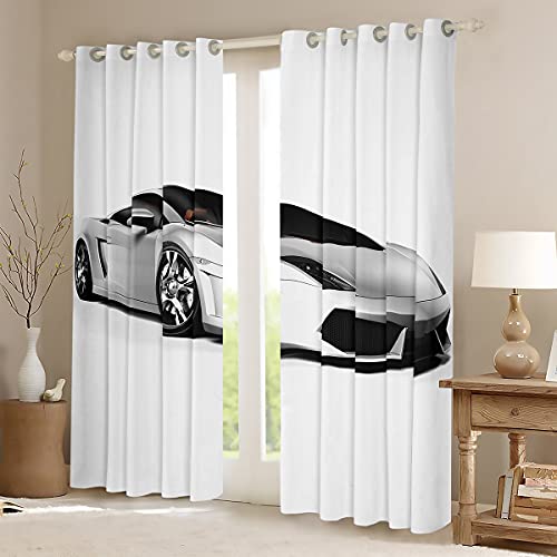 Loussiesd Race Car Curtains Boy Man Sport Curtains for Bedroom Living Room Kids Teens 3D Speed Sports Car Windows Drapes Room Decoration White Black,W66*L72 - Image 2