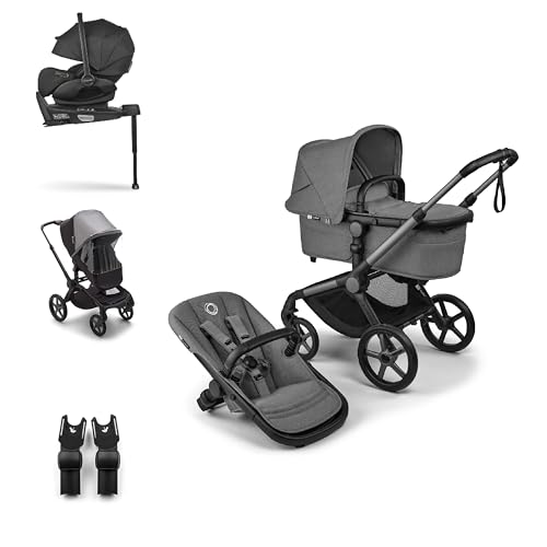 Bugaboo Fox 5 Renew Pack, Carrito de Bebé 3 en 1 Todoterreno, Sistema de Viaje Completo con Silla de Coche, Capazo Ergonómico, Fácil Plegado, Asiento Extensible, Chasis Negro y Capota Moon Grey