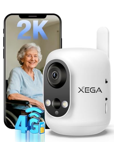 Xega 4G Telecamera Interno con SIM Senza Fili, 2K Videocamera Senza WiFi per Neonati/Animali Domestici/Anziano, 355°P/60°T, Batteria 6000mAh, Rilevamento PIR, ‎TF/Cloud, Non Resistente all'Acqua