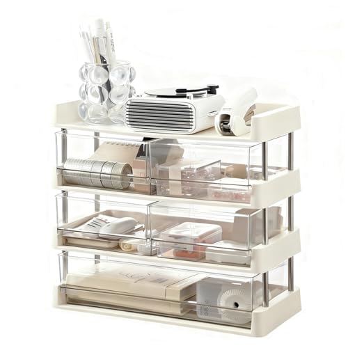 HKeeper Modular Drawer Organizer, Stackable 4 Trays Come with 5 Drawers box for Tea Bags, Coffee Pods, Spices, Makeup, Office Supplies, Snacks, 12.7x6.7x12.2 inches Countertop Drawer Organizer