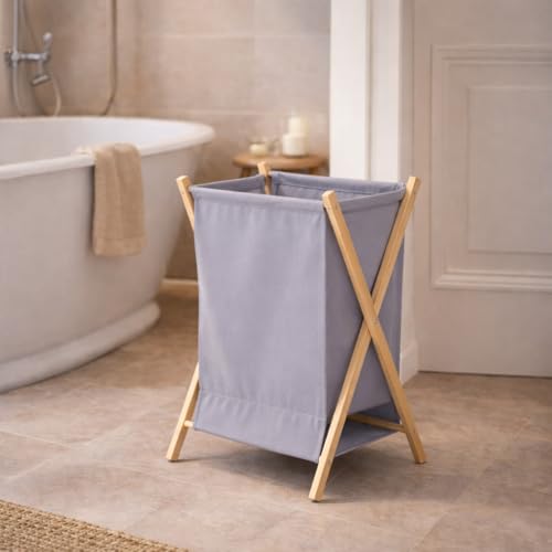 Eden & Willow Laundry Basket | Foldable Washing Hamper 30L | Baskets with Beach Wood Legs | Wash Basket for Bathroom & Household Essentials | Laundry Room Accessories Dispenser (Grey) - Image 2