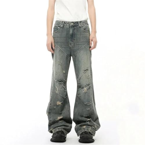 Men's Denim Pants Straight Worn-Out Hole Pleated Bottom Wide Leg Solid Color Jeans2