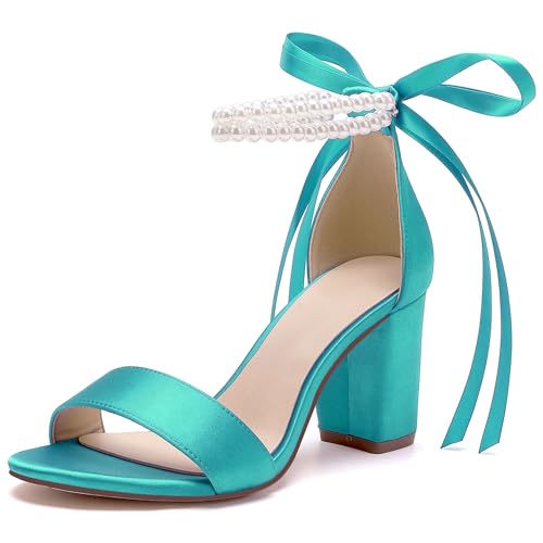 Image of Women's Open Toe Pearl Wedding Shoes for Bride High Heels Sandals Satin Bridal Block Chunky Heels Ankle Strap Prom Evening Party Pumps