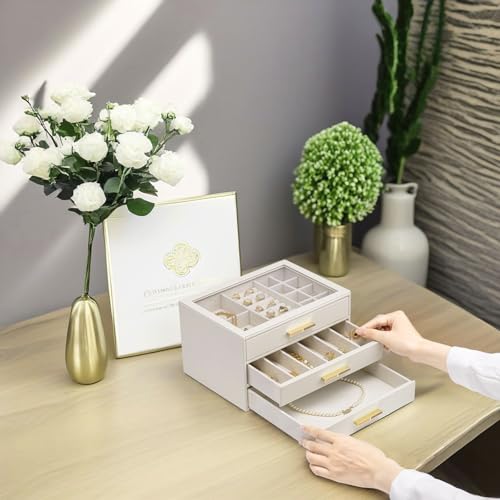 VLANDO 3-Drawer Jewelry Box with Glass Lid, Faux Leather Organizer for Rings Earrings Necklaces and More, Gift-Ready Jewelry Case for Women Girls or Moms, Beige by VLANDO - Used condition - Image 6