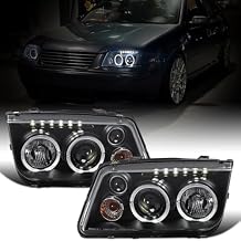 Ronnin - Fits 1999-2005 VW Jetta Bora Mk4 Upgraded Replacement Projector Headlights + Fog Lamps LED Dual Halo Rims Running Lights Assembly Pair | Black