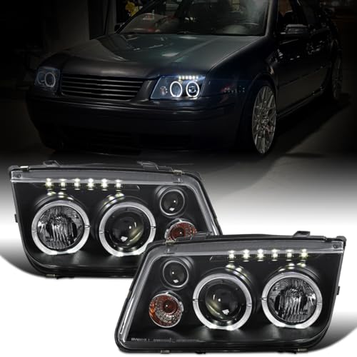 Ronnin - Fits 1999-2005 VW Jetta Bora Mk4 Upgraded Replacement Projector Headlights + Fog Lamps LED Dual Halo Rims Running Lights Assembly Pair | Black