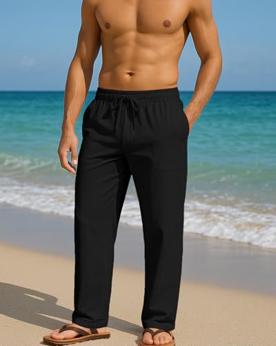 Men's Casual Cotton Linen Pants Elastic Waist Drawstring Summer Beach Lightweight Loose Yoga Linen Trousers Pockets4