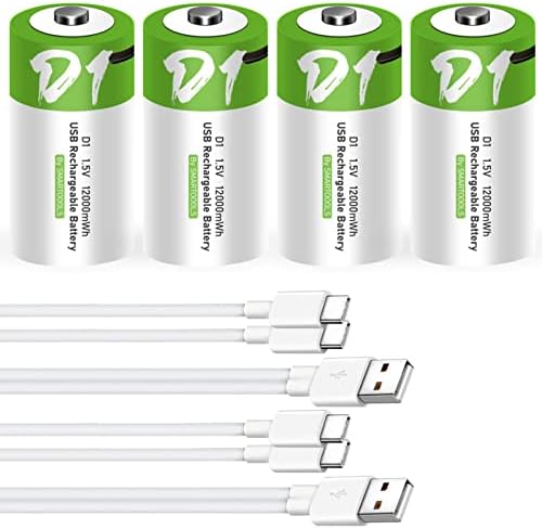 CAMELCELL D Batteries 4Pack Rechargeable Lithium ion D Cell Battery 12000mWh +2 PCS 2 in 1 USB Type C Charger Cable,1200 Cycle Times Long-Lasting Power D Battery for Flashlights Clocks Tools Toys