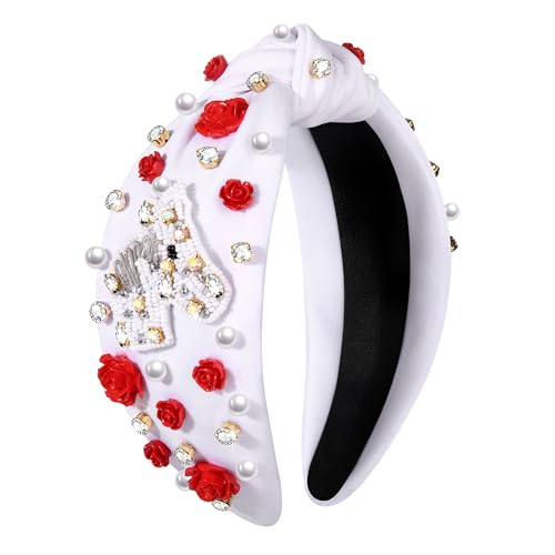 mokkia Women's Derby Headband - Horse A - Red Rose Flower Knotted Headband with Beaded Horseshoe Charms and Rhinestones - Kentucky Derby Hair Accessories Outfits Gifts