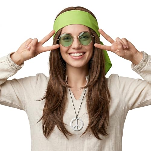 Balinco Hippie Set Kostüm 70er Jahre Verkleidung mit Perücke runder Brille & Peace Anhänger
