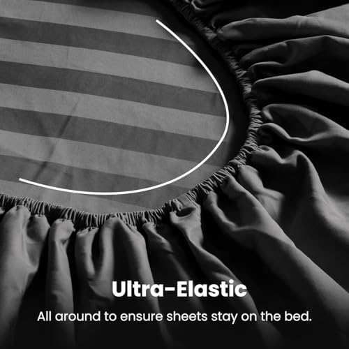 Image of SLEEP ZONE Striped Cooling Twin Sheets Set for Kids - Fitted Flat Sheet & Pillowcase Sets 3 Piece - Super Soft Stripe Bed Sheet, Easy Care, Deep Pocket (Black, Twin)