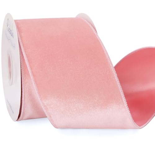 Ribbli Light Pink Velvet Wired Ribbon 4 Inch Velvet with Satin Christmas Ribbon for Gift Wrapping Christmas Tree Decoration Crafts Wreaths Supplies-Continuous 10 Yards