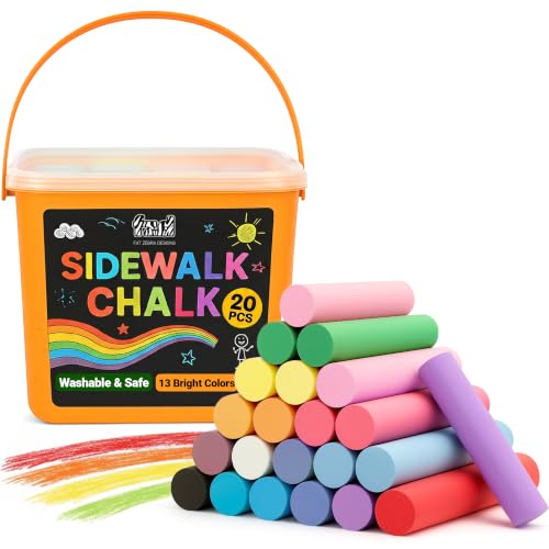 20 PCS Sidewalk Chalk for Kids - 13 Colors Bucket - Non-Toxic Washable Jumbo Chalks - Bulk Colored Set for Kids & Toddlers Outdoor Play Chalkboard Art - Easy Carry & Mess-Free Storage