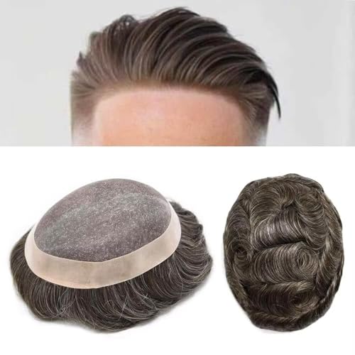 FACE MIRACLE Toupee for Men Human Hair Replacement System, Fine Mono Lace Center with NPU, 1/8" Folded Lace Front Natural Hairline Mens Hair Piece #330 3# DARK BROWN WITH 30% SYNTHETIC GREY 8 * 10