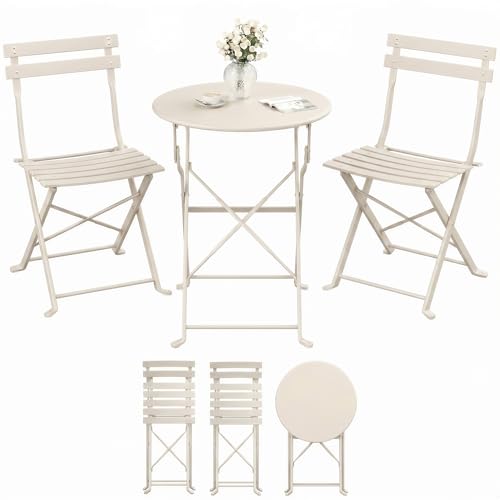 SONGMICS Balkonmöbel Gartenmöbel-Set 3-teilig klappbar 1 Tisch mit 2 Stühlen Terassenmöbel Stahl wetterfest für Outdoor Balkon Terrasse cappuccinobeige GGF036LZ01