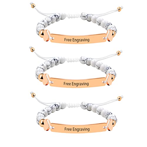 3 Pieces Customized Name Id Bracelets For Women Girls Best Friend, White Turquoise Stone Bracelets For Women Personalized Name With Rose Gold Plated Stainless Steel Engraving Plate Y1451, Adjustable #TOP29