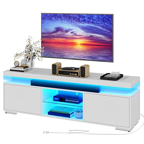 DWVO White Modern TV Stand with LED Lights and Power Outlet, Modern Entertainment Center for 55/60/65 Inch, Media Console Table TV Cabinet with Storage, Universal TV Stand for Living Room,White