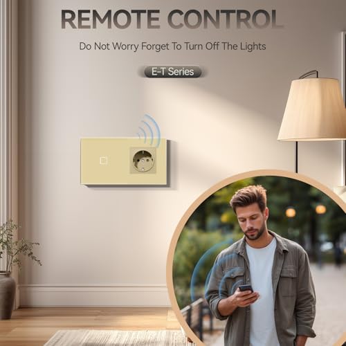 BSEED Smart Touch Lichtschalter,Glas Schalter Unterputz,Wandlichtschalter mit LED Hintergrundbeleuchtung,Neu E-Serie,16A 250V,1 Fach 1 Weg + 1 Steckdose,157mm Gold