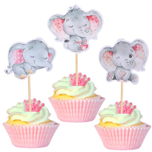 36 PCS Baby Elephant Cupcake Toppers Pink Elephant It's a Girl Cupcake Picks Decorations for Gender Reveal Baby Shower Kids Girls Birthday Party Supplies