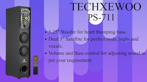 Image of TECHXEWOO PS-711 Mini Home Theatre Subwoofer System, 80W, 5.25 Inch, with 3 Inch Dual Satellites, Extreme Bass, Mic Slot, Aux, USB, FM and Remote Control