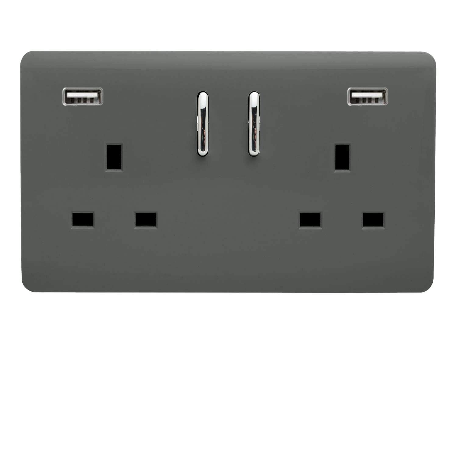 Trendi Switch 2 Gang 13amp 2 Port USB Charcoal Switched Plug Socket