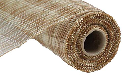 Multi Stripe Deco Poly Mesh Ribbon - 10 inch x 30 feet (Ivory, Brown, Natural)