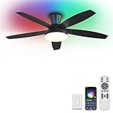 ZMISHIBO 48 inch RGB Ceiling Fans with Lights and Remote/APP Control,Black Low Profile Ceiling Fan with Quiet DC Motor,LED Dimmable, Modern Flush Mount Ceiling Fan for Bedroom Indoor,Party, Patio