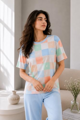 Image of Women's Korean Style Looper Fabric Nightsuit Set | Cute Print Half Sleeve T-Shirt & Pajama Set | Soft Comfortable Nightwear & Loungewear for Women