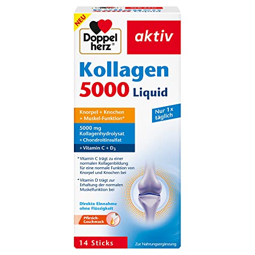 Doppelherz Kollagen 5000 Liquid Knorpel + Knochen + Muskel-Funktion – Vitamin C leistet einen Beitrag zur normalen Kollagenbildung für eine normale Knorpel- und Knochenfunktion – 14 Portionsbeutel Doppelherz Kollagen 5000 Liquid Knorpel + Knochen + Muskel-Funktion – Vitamin C leistet einen Beitrag zur normalen Kollagenbildung für eine normale Knorpel- und Knochenfunktion – 14 Portionsbeutel