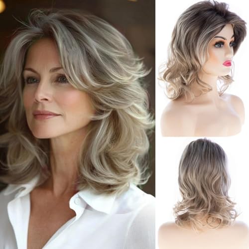 Perruque blonde ondulée avec frange rideau pour femme | Coupe carrée synthétique