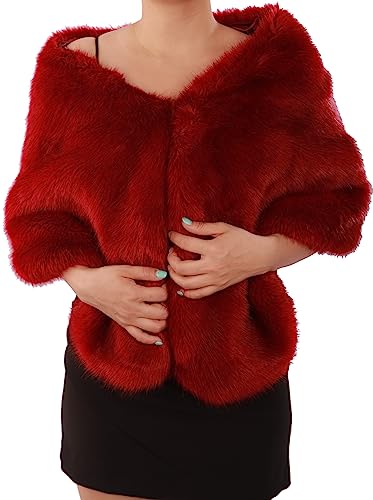 Octwine Fashion Bride Faux Fur Shawl Wrap Warm Comfortable Stole Shrug Winter Bridal Wedding Cover Up Long Shawl Cloak Cape Coat for Women (Red)4
