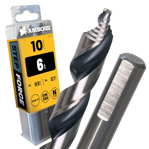AMBOSS WERKZEUGE® Lot de 10 forets hélicoïdaux Step Force Ø 6,0 mm – HSS-G DIN 338 pour acier, acier doux, aluminium, métaux non ferreux AMBOSS WERKZEUGE® Foret tôles, profilés – Hexagonal pour