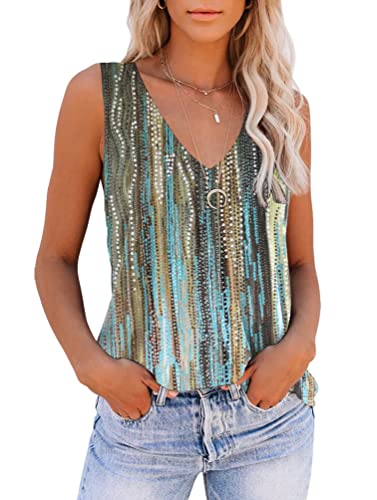 Etcyy New Womens Summer Tops V Neck Tank Tops Tie Dye Sleeveless Basic T Shirt Cute Printed Loose Fit #TOP17