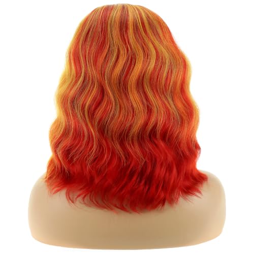 Image of BERON Red and Yellow Short Curly Wavy Women Wig Red Mixed Golden Side Part Wigs Flag Heat Resistant Synthetic Wig Halloween Cosplay Costume Party Wigs