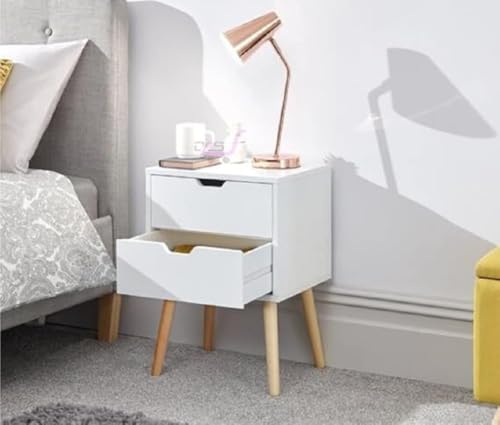 Image of Brown Art SHOPPEE 2-Drawer End Side Table with Drawer and Solid Wood Legs, Bedside Table for Bedrooms, Mid-Century Modern Drawer Storage Cabinet for Bedroom & Furniture (White)
