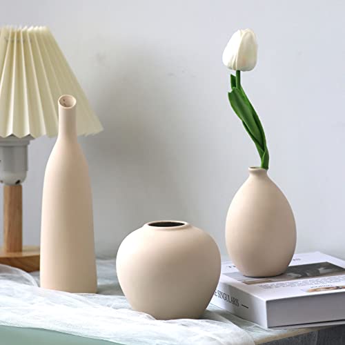 Abbittar Ceramic Vase Set Of 3, Flower Vase Minimalism Style For Rustic Home Decor, Modern Farmhouse Decor, Living Room Decor, Shelf Decor, Table Decor, Bookshelf, Mantel And Entryway Decor - Beige #TOP4