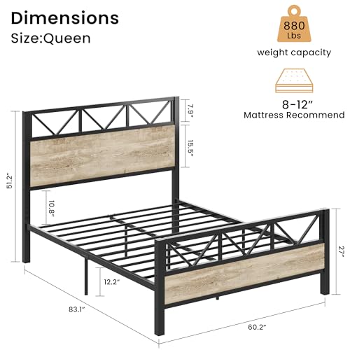 Image of LIKIMIO Queen Bed Frame, Tall Modern Headboard 51.2 inch, Platform Bed Frame with Strong Metal Support, Solid and Stable, Noise Free, No Box Spring Needed, Easy Assembly, White Maple