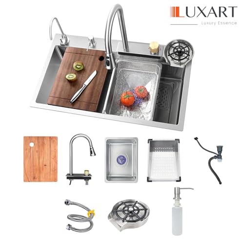 Image of LUXART Waterfall Anti-Scratch Silver Multifunctional Kitchen Sink - 30x18x9 Inch Honeycomb Design Multifunction Sink With Pull Down Faucet, Cup washer & Drain Baskets | Stainless Steel Kitchen Sink