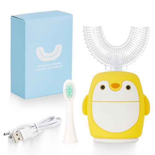 Renaelelife Kids Sonic Electric Toothbrush U Shaped Automatic Timer IPX7 Waterproof 5 Modes 360° Oral Cleaning Teeth Whitening Gums Massage Replaceable Soft Cartoon for 2-7 (Yellow Penguin)