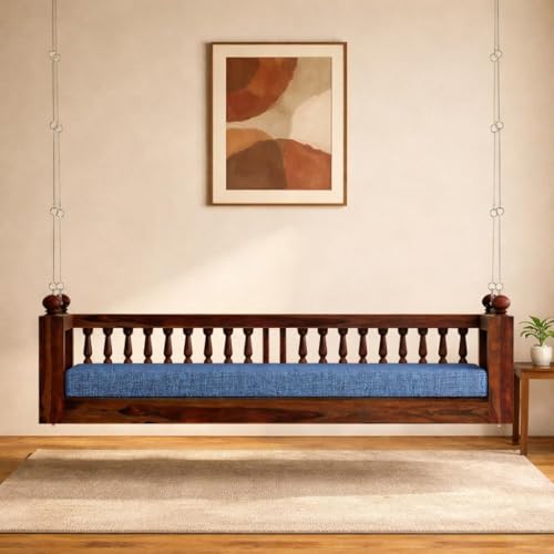 Image of Wooden Swing for Balcony | Sheesham Wood 3 Seater Jhula with Cushion, Heavy Duty Hanging Sofa Bench for Living Room, Indoor Traditional Indian Wooden Swing | Walnut Finish