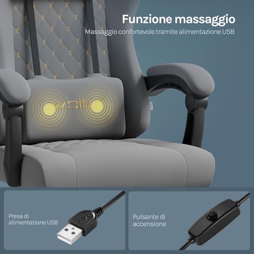 Sedia Gaming con Massaggio, Sedia da Ufficio Ergonomica Girevole Ampia Imbottita per Computer con Cuscino Lombare Massaggiante, Carico 150 Kg, Tessuto a rete, Grigio+Giallo - Sedia gaming - Immagine 7